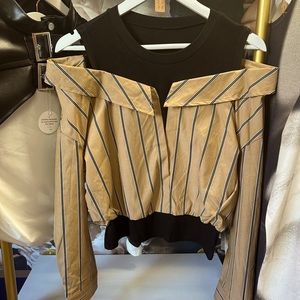 Black tank w beige/stripe drop shoulder T